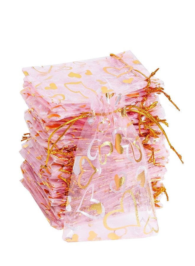 Bskifnn 50PCS Heart Printed Organza Bags Gift Jewelry Candy Bags for Wedding Valentine's Day Mother's Day Party Christmas (Pink, 3.9×4.7inch) - Image 1